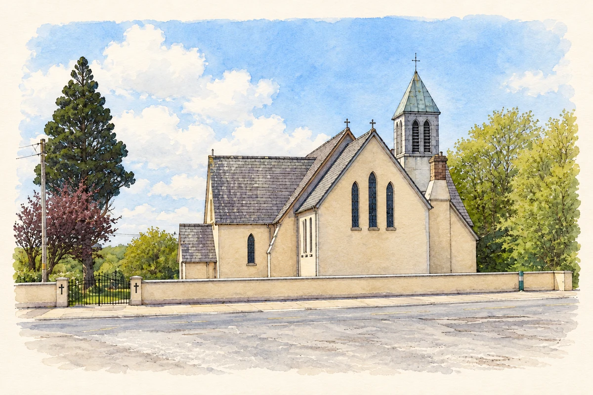 Watercolour and fine ink illustration of St Patrick’s Church at Tahilla Bridge, as photographed in May 2015.
