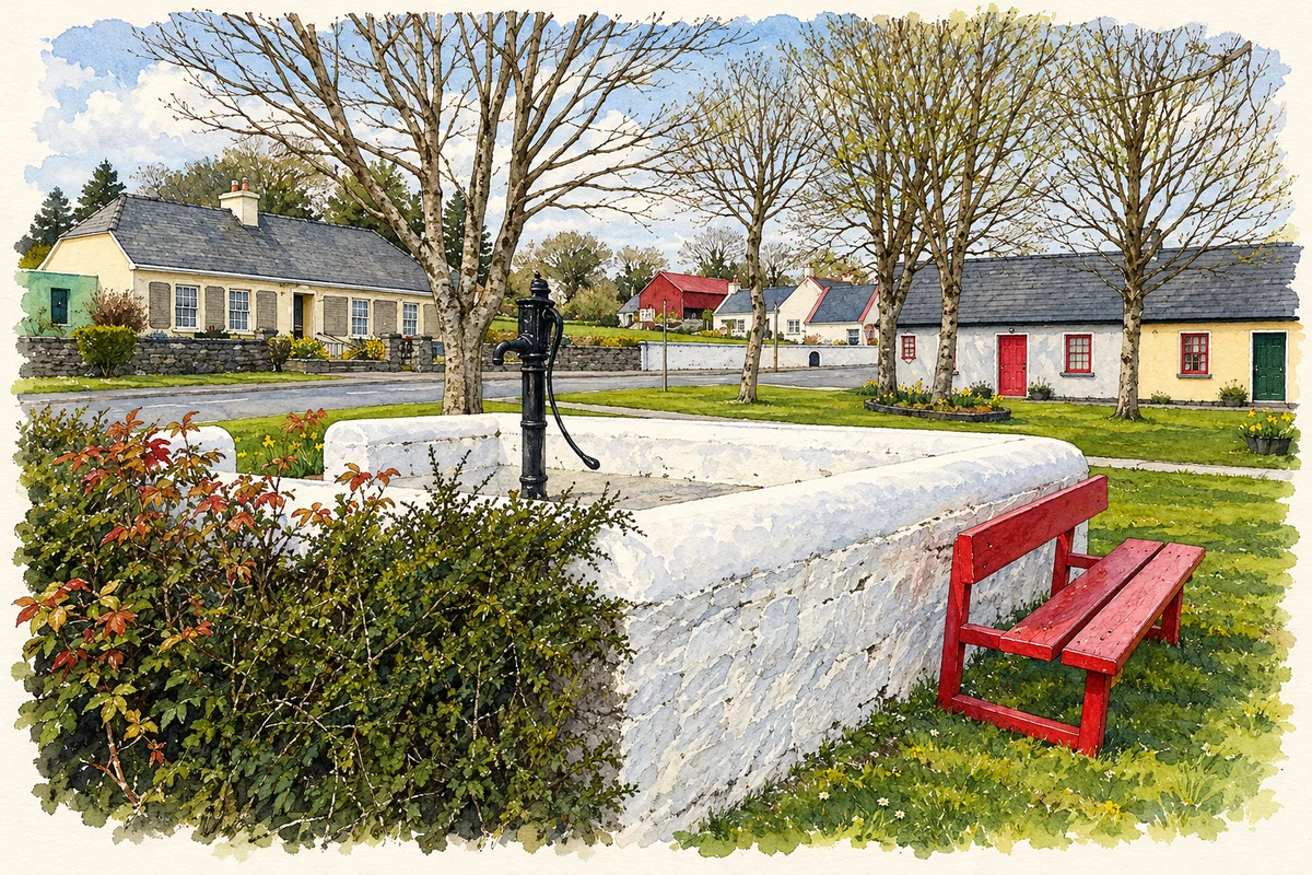 Watercolour and fine ink illustration of Village pump and green, Ballynacally, County Clare.