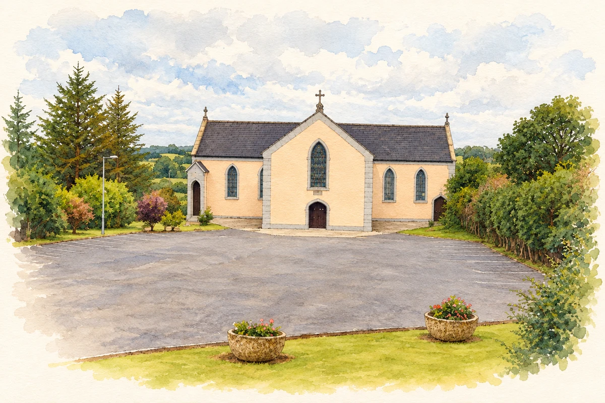 Watercolour and fine ink illustration of St Senan’s Church, Cooraclare.