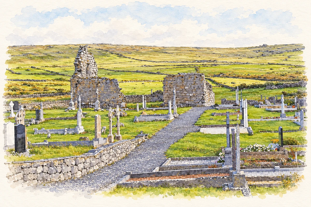 Watercolour and fine ink illustration of Killonaghan Church remains near Craggagh.