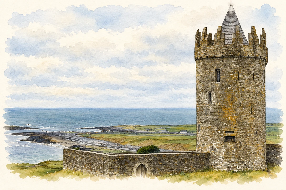 Watercolour and fine ink illustration of Doonagore Castle near Doolin, as photographed in 1996.