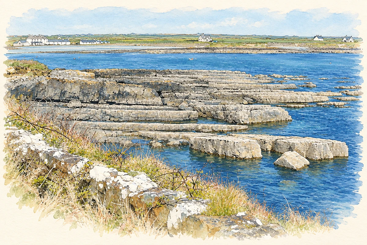 Watercolour and fine ink illustration of The rocky shore of Kilbaha Bay, as photographed in 2010.
