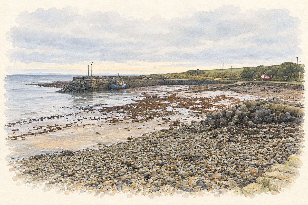 Watercolour and fine ink illustration of The pier at Kilbaha South, as photographed in 2008.