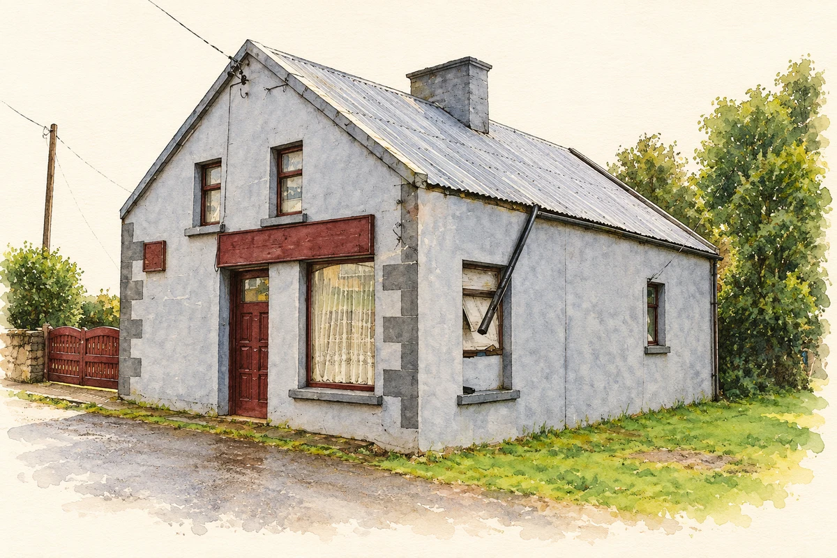 Watercolour and fine ink illustration of The former post office at Kilbane, as photographed in 2011.