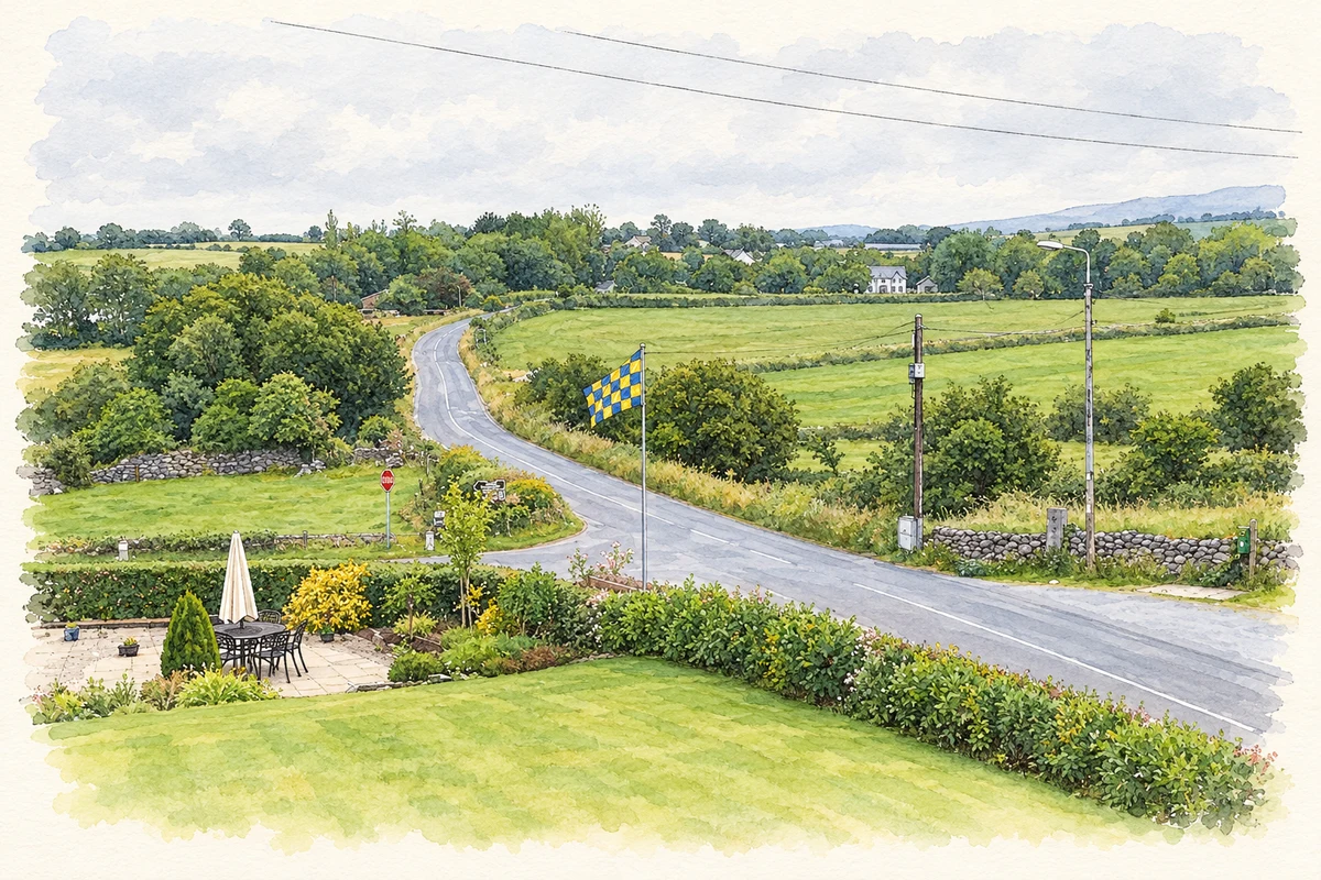 Watercolour and fine ink illustration of The R476 crossroads at Killinaboy, as photographed in 2013.