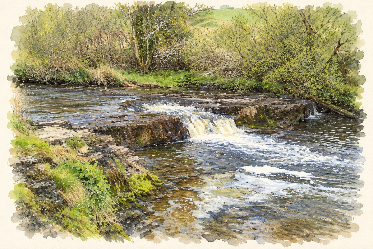 Watercolour and fine ink illustration of Kilmaley River near Kilmaley, County Clare.