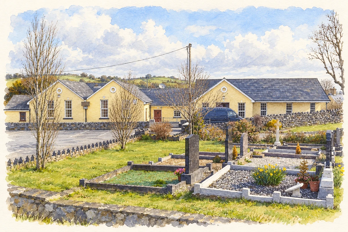 Watercolour and fine ink illustration of Kilnamona National School beyond the churchyard, as photographed in 2010.