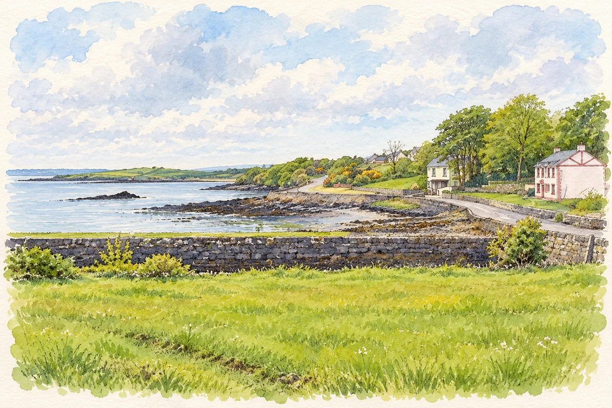Watercolour and fine ink illustration of Knock village on Clonderalaw Bay, County Clare.