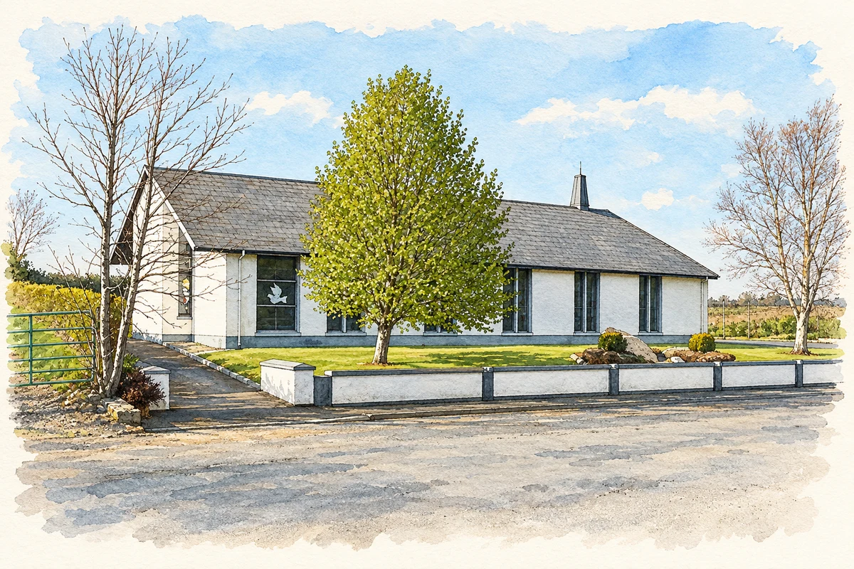 Watercolour and fine ink illustration of The church at Labasheeda, as photographed in 2010.