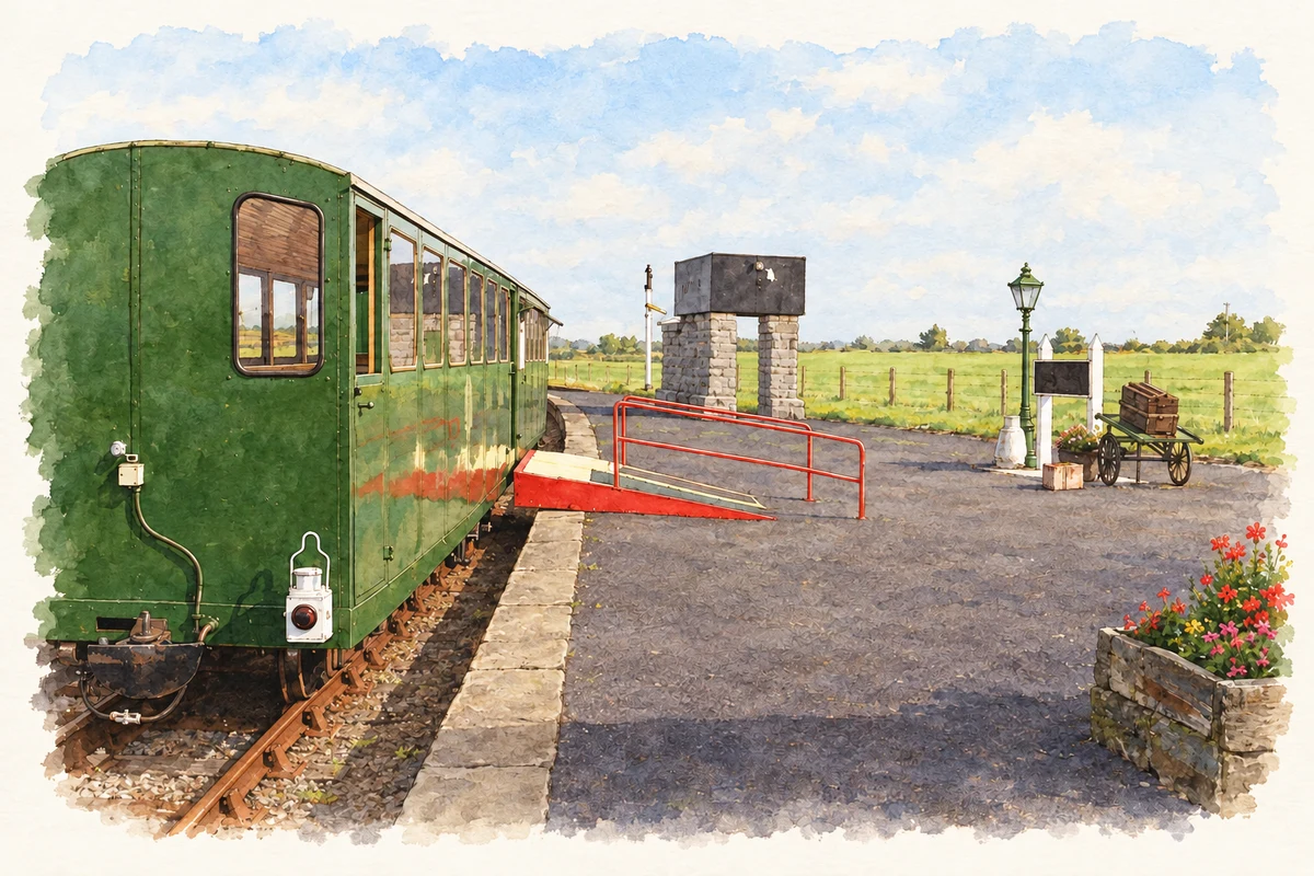 Watercolour and fine ink illustration of The heritage railway platform at Moyasta Junction, as photographed in September 2003.
