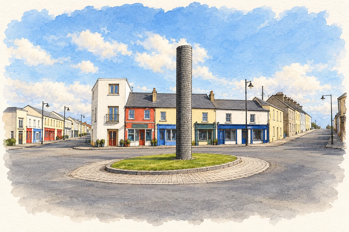 Watercolour and fine ink illustration of Central square and pillar, Belmullet.