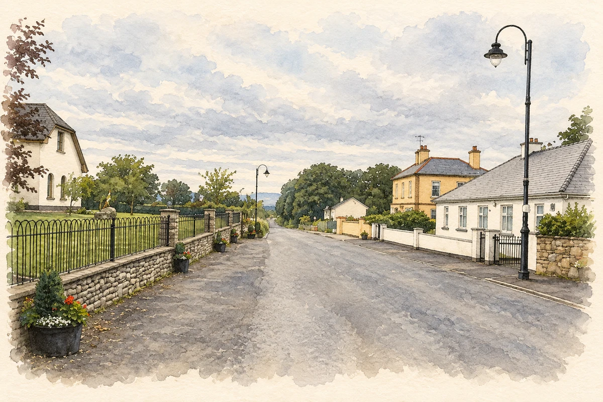 Watercolour and fine ink illustration of Bunnyconnellan village street.