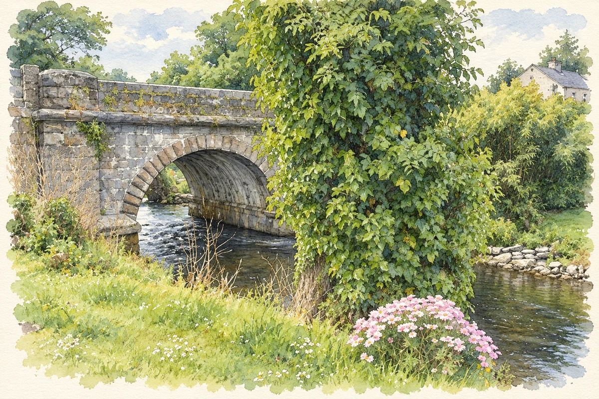 Watercolour and fine ink illustration of Stone bridge over the River Cong.