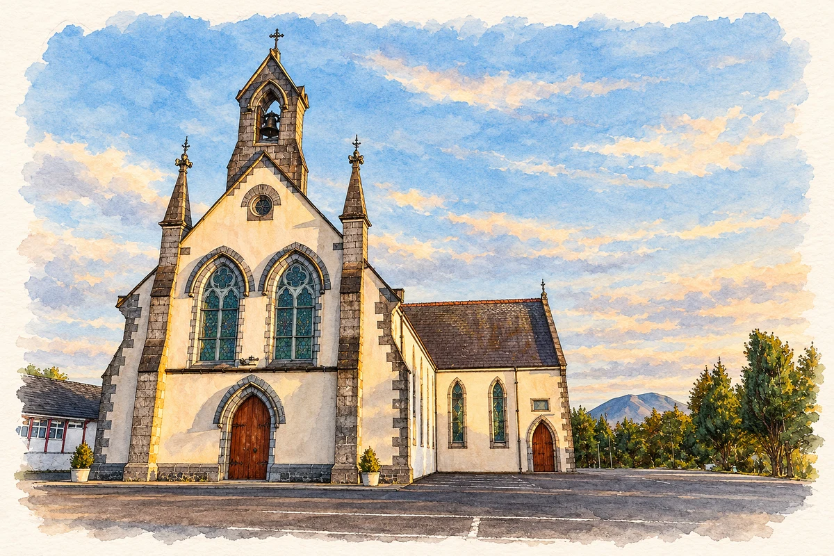 Watercolour and fine ink illustration of Saint Tiernan's Church, Crossmolina.