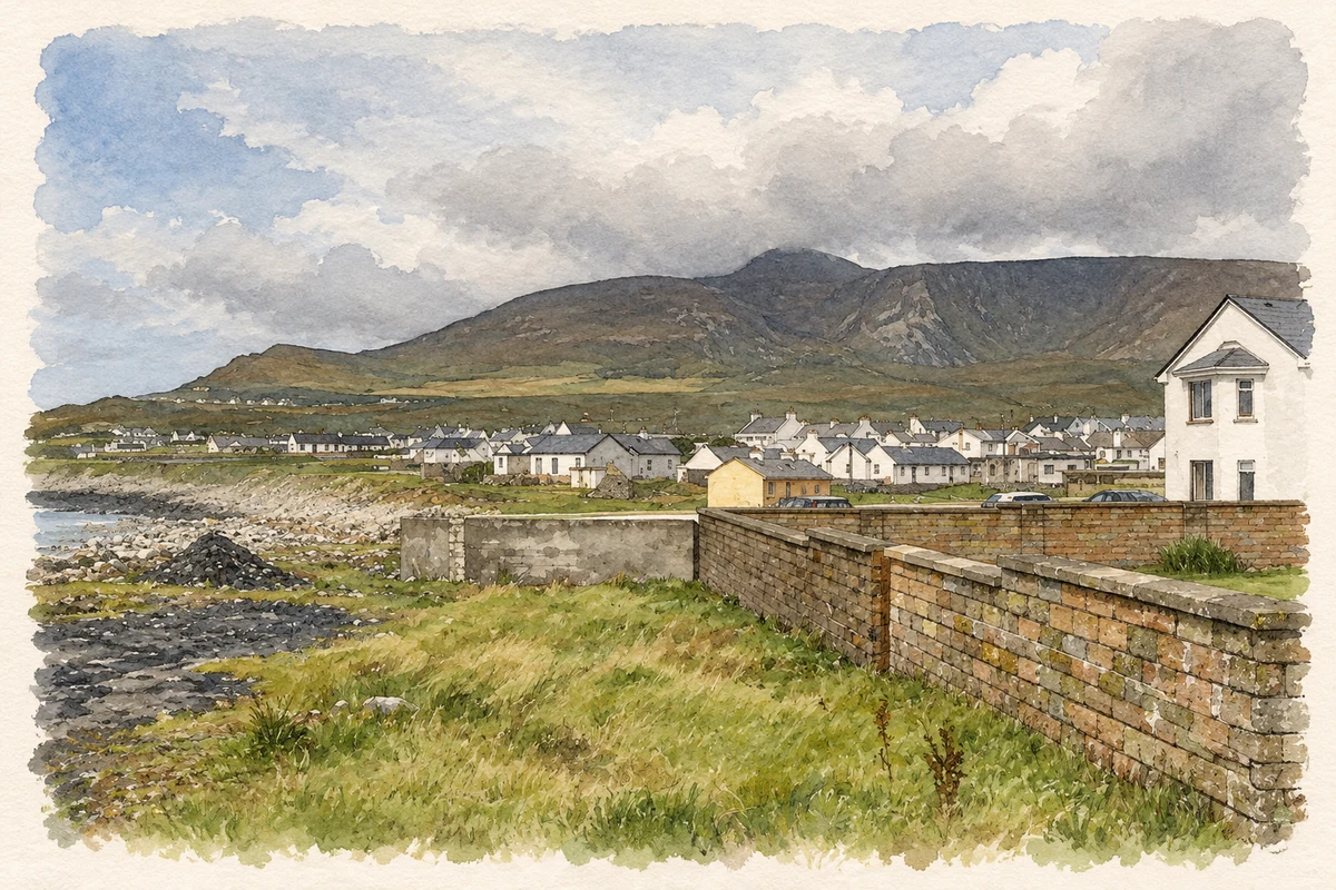 Watercolour and fine ink illustration of Dooagh village and Croaghaun.