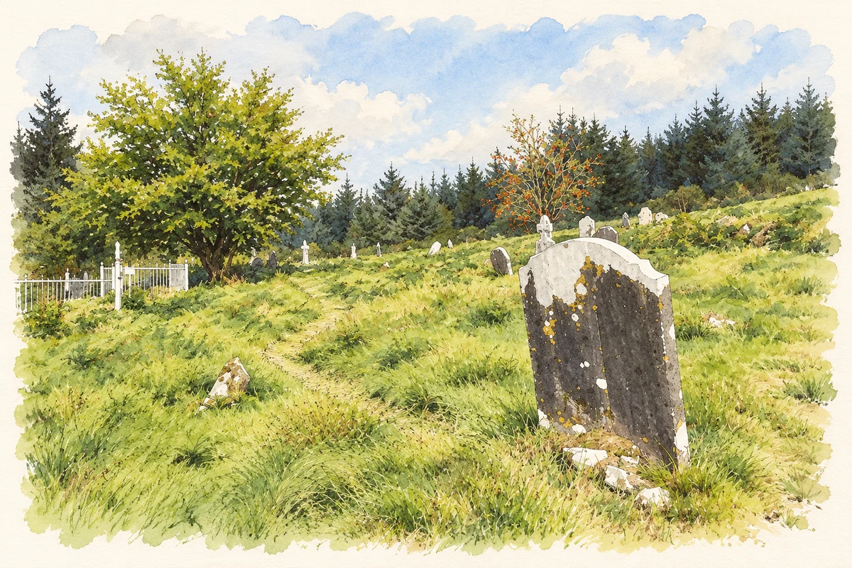 Watercolour and fine ink illustration of Kilranelagh Graveyard on its grassy hillside, as photographed in 2024.