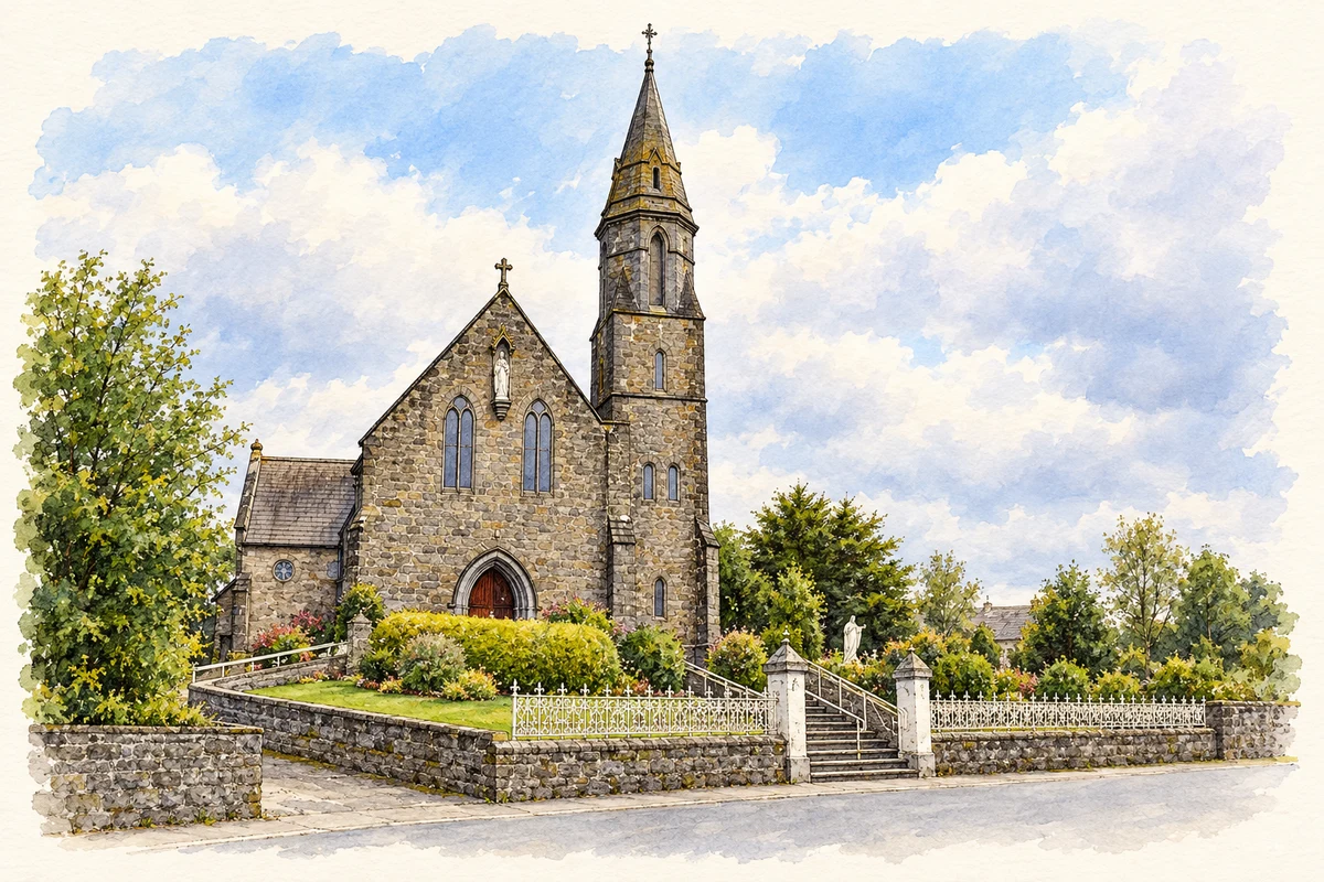 Watercolour and fine ink illustration of Church of St Mary and St Michael, Foxford.