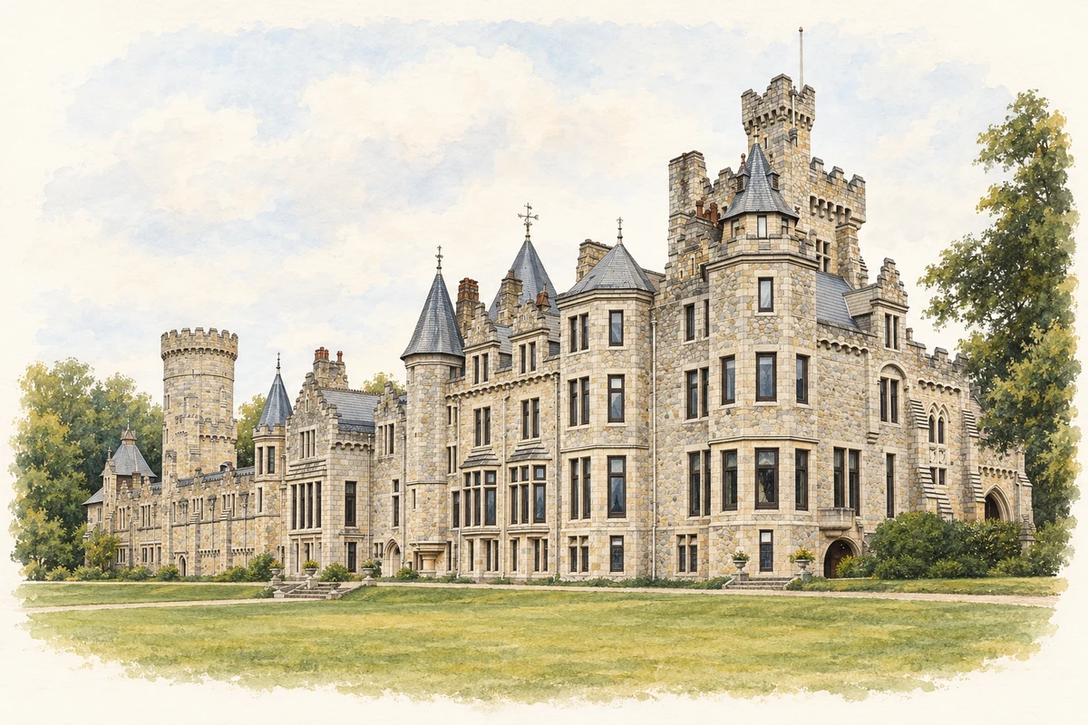 Watercolour and fine ink illustration of Humewood Castle near Kiltegan, County Wicklow, historical appearance.