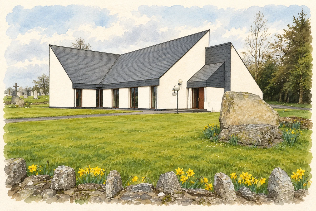 Watercolour and fine ink illustration of Church of the Immaculate Conception, Knockananna, County Wicklow.