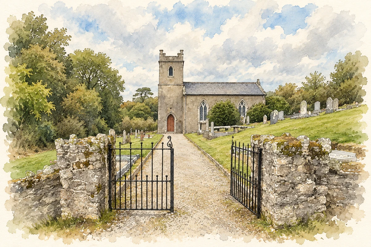 Watercolour and fine ink illustration of Saint John's Church, Moyne, County Wicklow.