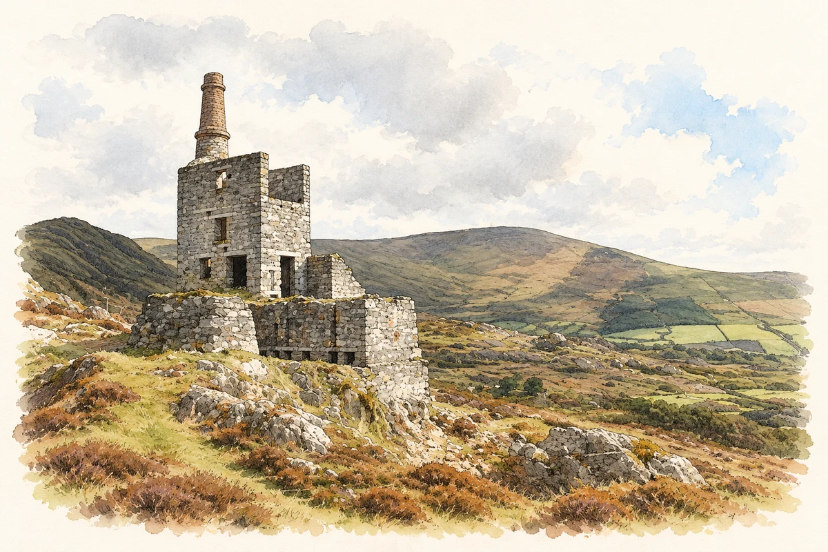 Watercolour and fine ink illustration of Mountain Mine man-engine house, near Allihies, County Cork.