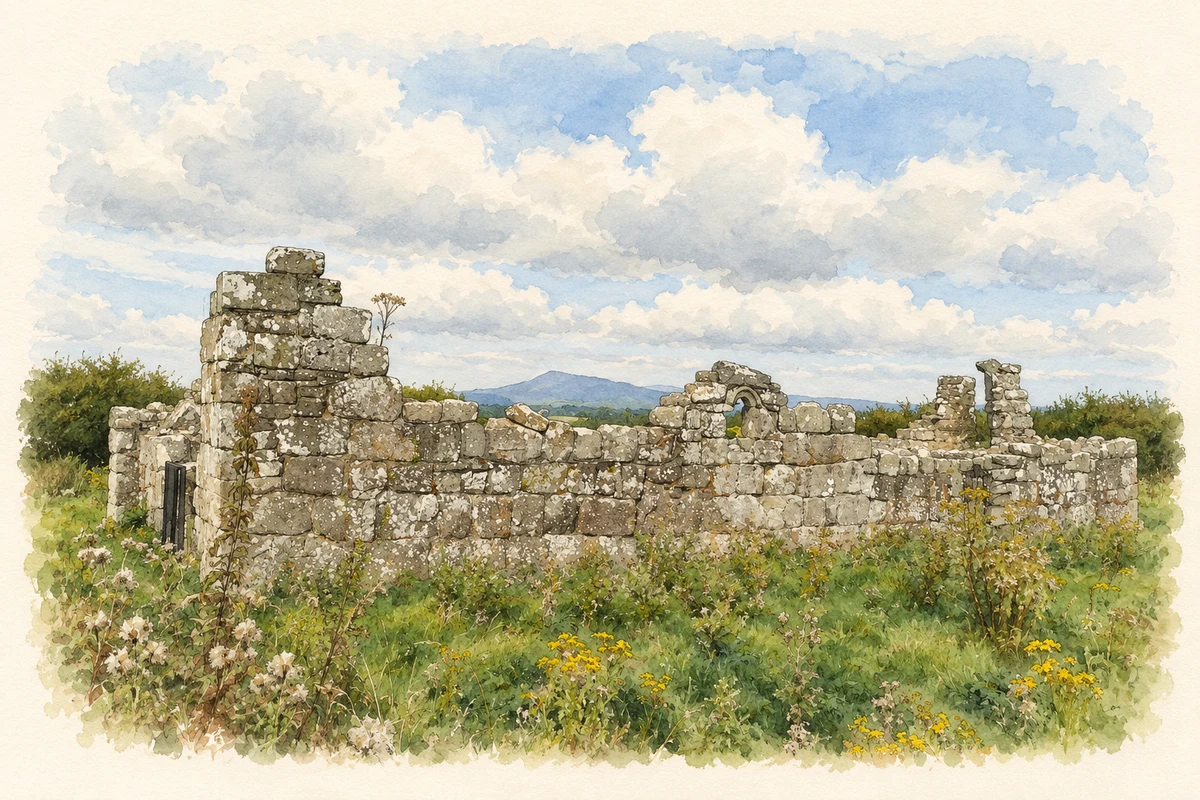 Watercolour and fine ink illustration of Killeenemer Church remains, near Ballindangan, County Cork.