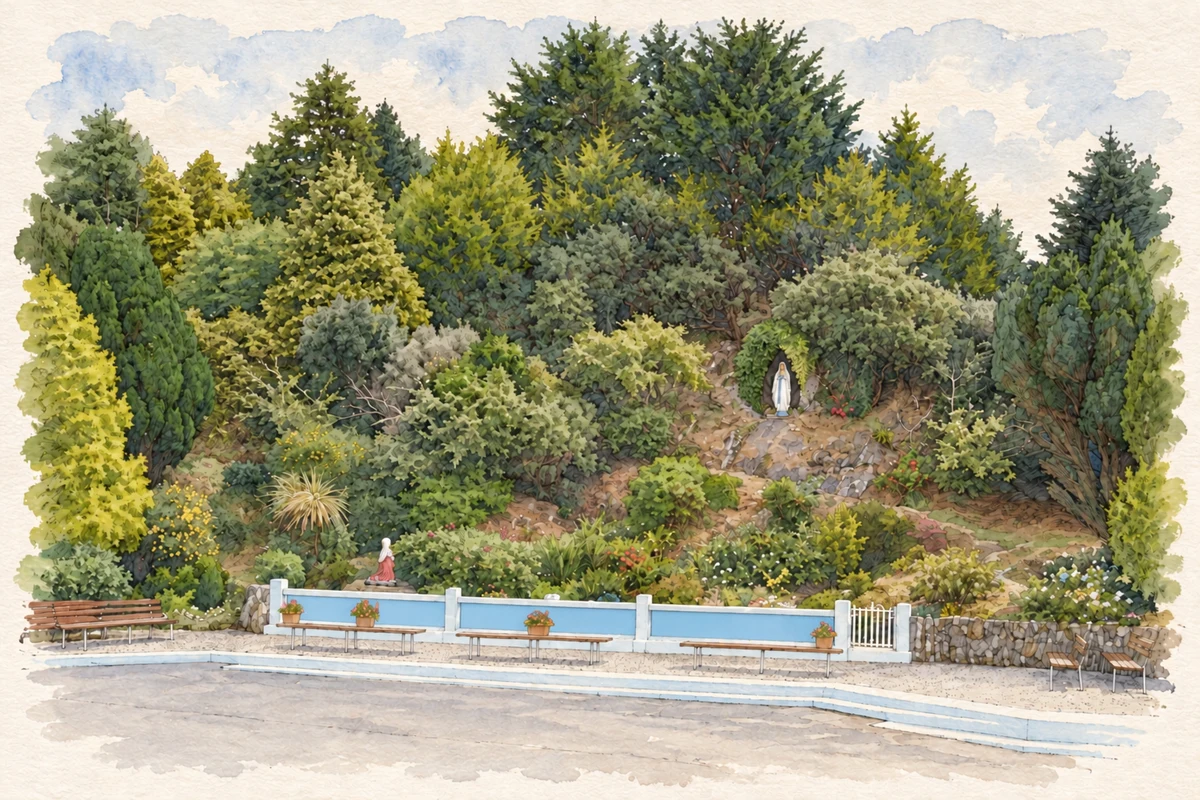 Watercolour and fine ink illustration of The grotto near Ballinspittle, County Cork.