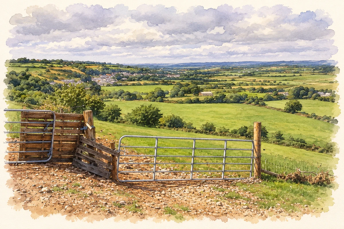 Watercolour and fine ink illustration of View over Ballymacoda village and countryside, County Cork.