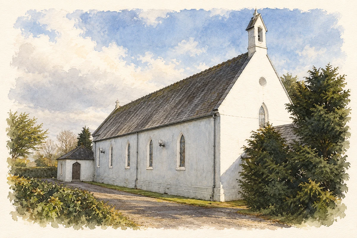 Watercolour and fine ink illustration of Sacred Heart Church, Ballymore, Great Island, County Cork.
