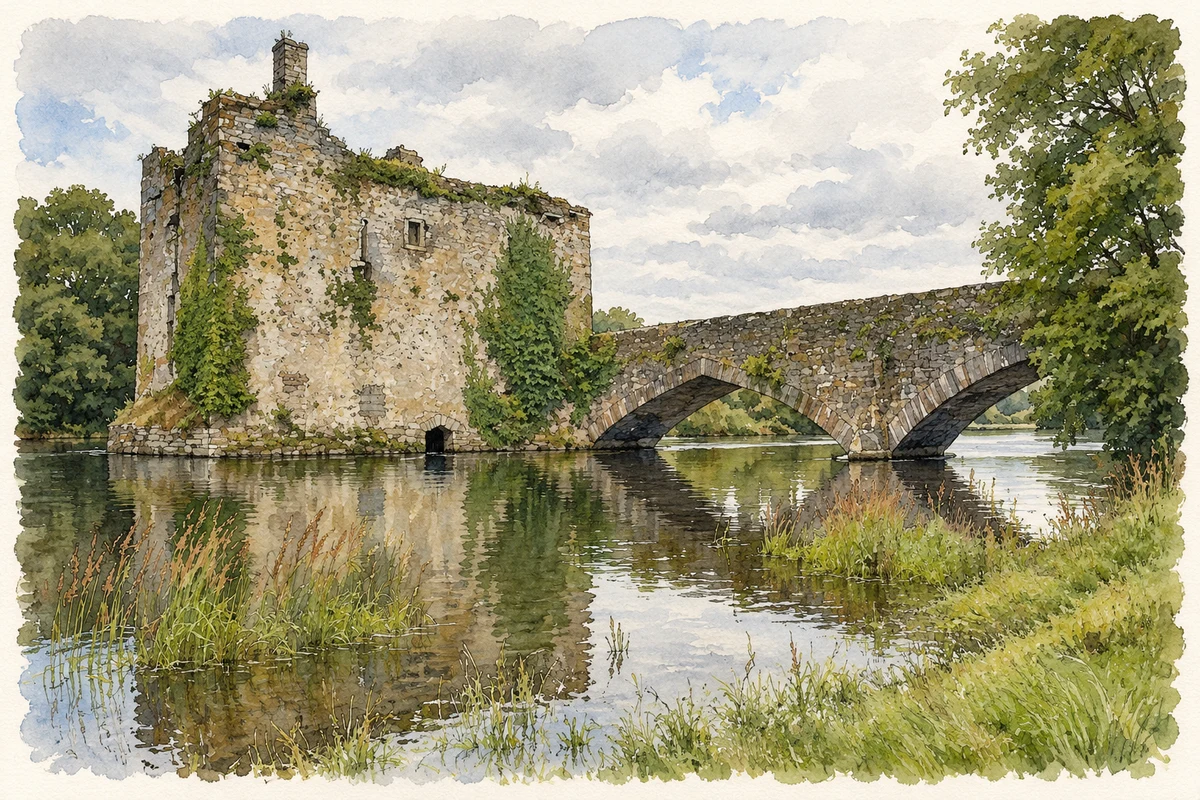 Watercolour and fine ink illustration of Carrigadrohid Castle and bridge, County Cork.