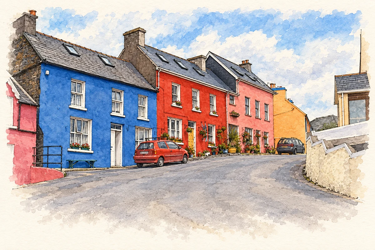 Watercolour and fine ink illustration of Colourful street in Eyeries, as photographed in 1998.