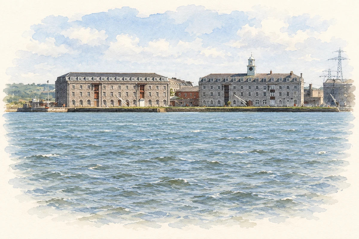 Watercolour and fine ink illustration of Naval stores on Haulbowline Island, as photographed in 2012.