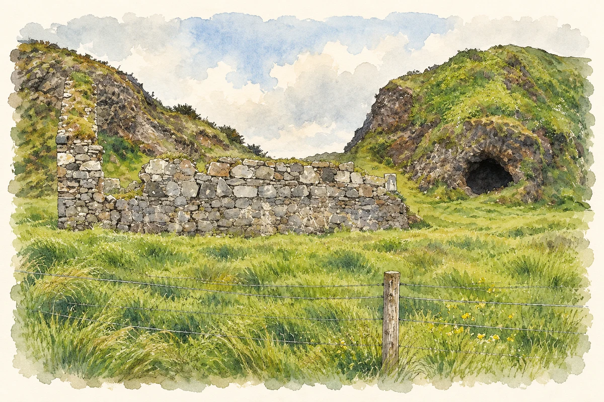 Watercolour and fine ink illustration of Old church ruins and Wee House of Malin, near Ballygorman, County Donegal.