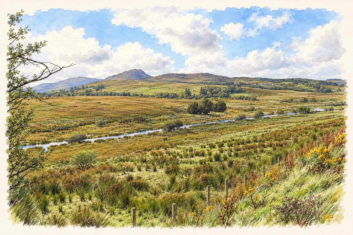 Watercolour and fine ink illustration of River Finn valley, Bellanamore.
