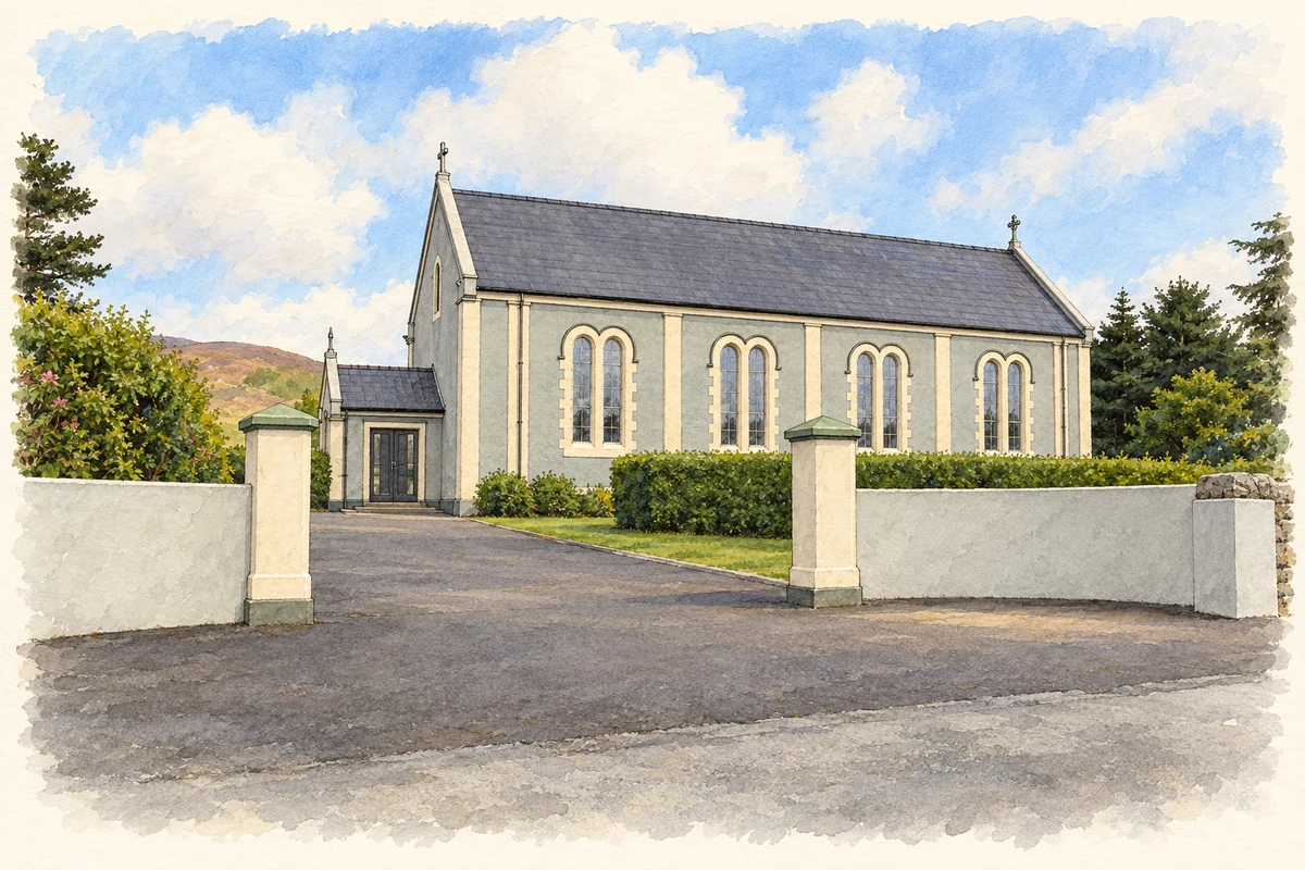 Watercolour and fine ink illustration of Teach Pobail Cholmcille Naofa, Cnoc Fola, near Brinlack, County Donegal.
