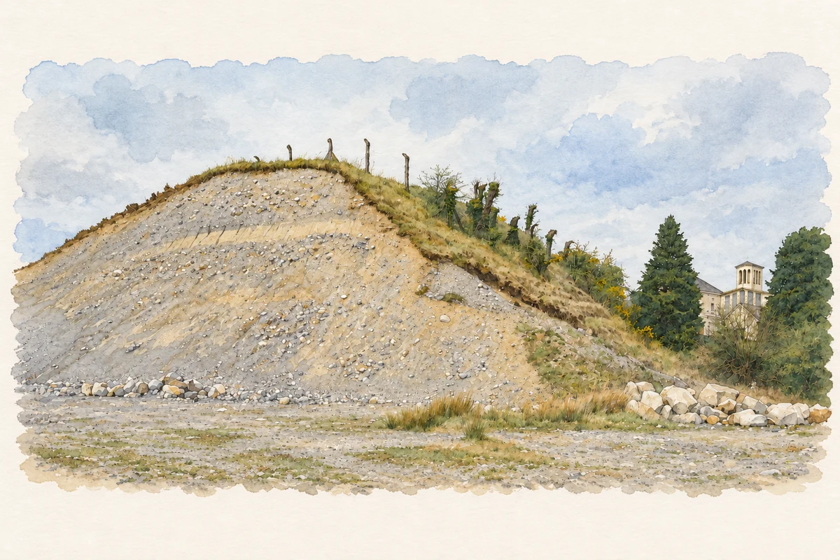 Watercolour and fine ink illustration of Kilkelly esker exposure with Saint Celsus Church in the distance.