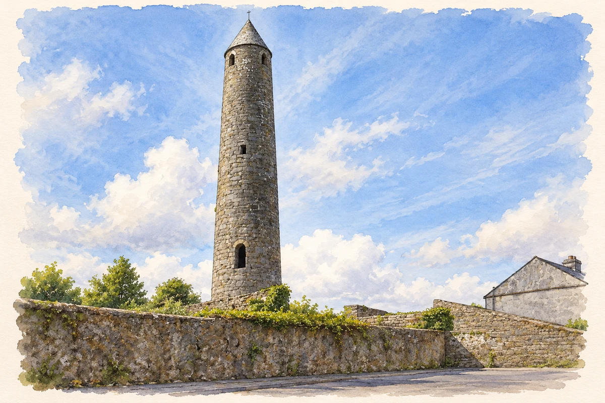 Watercolour and fine ink illustration of Killala Round Tower.
