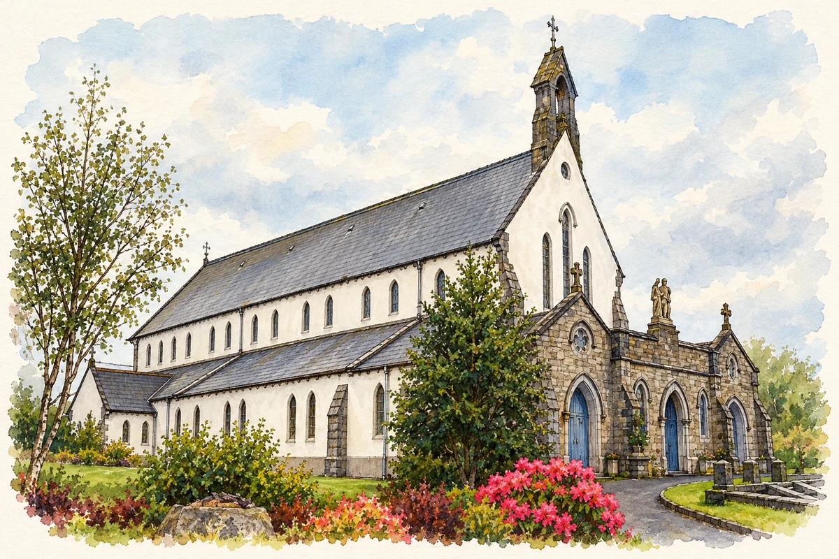 Watercolour and fine ink illustration of St Joseph's Catholic Church, Kiltimagh, County Mayo.