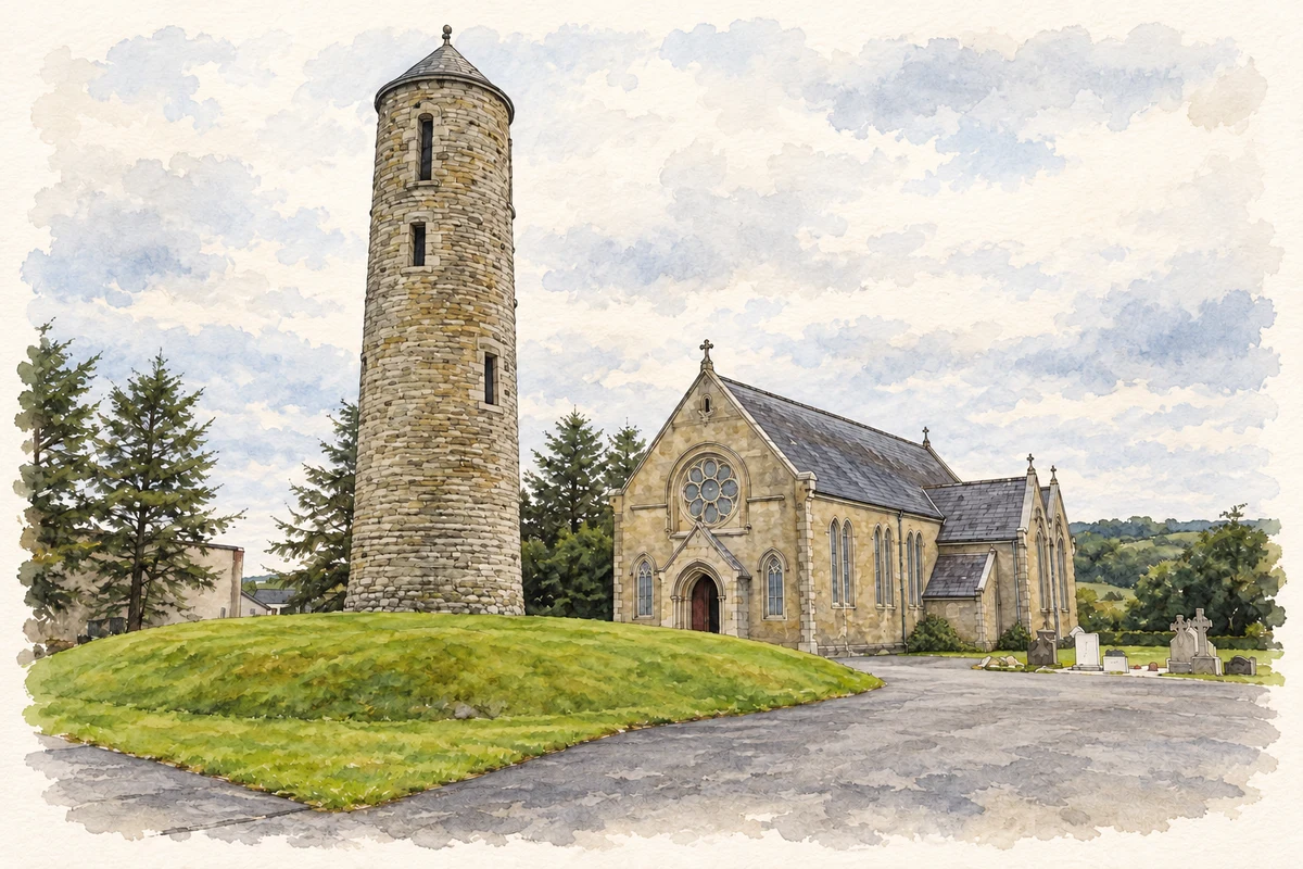 Watercolour and fine ink illustration of Round tower and Church of St Joseph and St Conal, Bruckless, County Donegal.