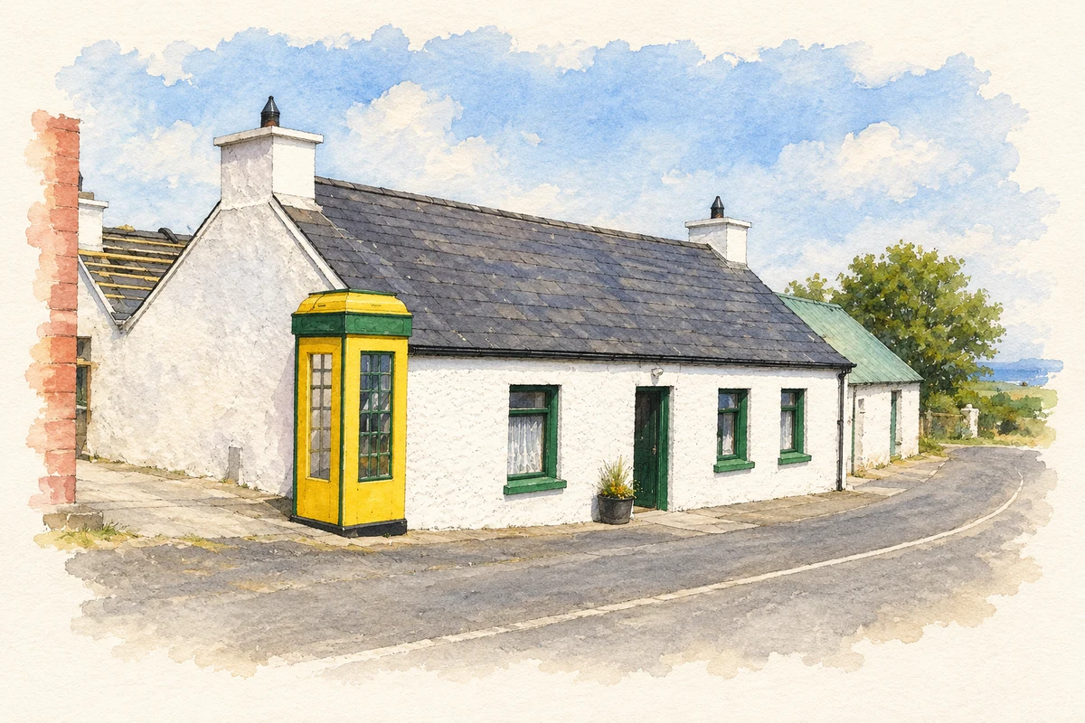 Watercolour and fine ink illustration of Post office and telephone kiosk, Carrowmenagh.