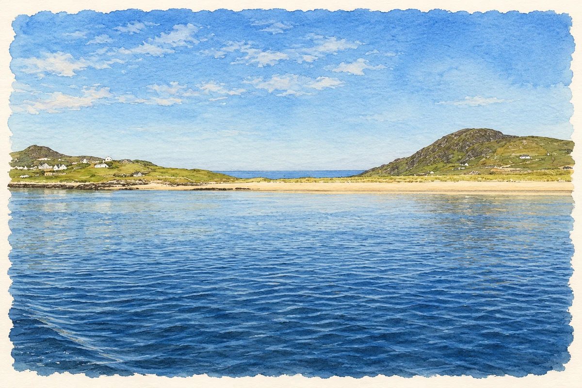 Watercolour and fine ink illustration of Coast near Clontallagh.