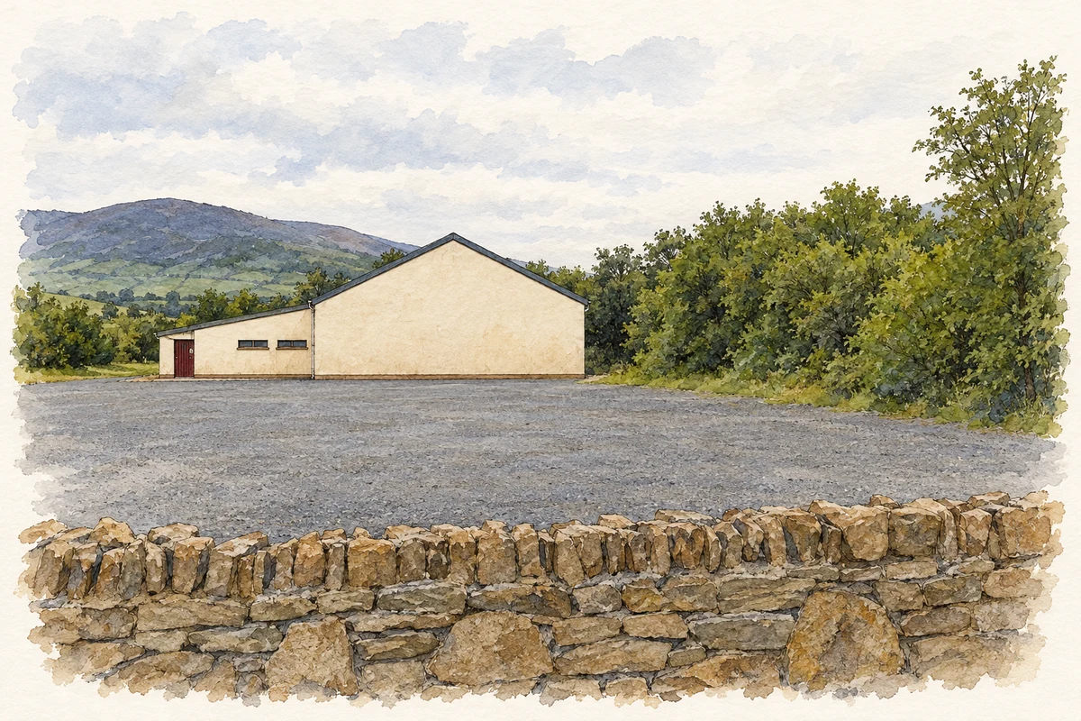 Watercolour and fine ink illustration of Coole-Cranford Community Centre, near Cranford, County Donegal.