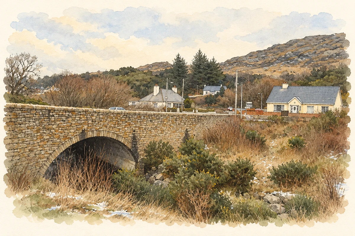 Watercolour and fine ink illustration of Crolly Bridge at Croithli, County Donegal.