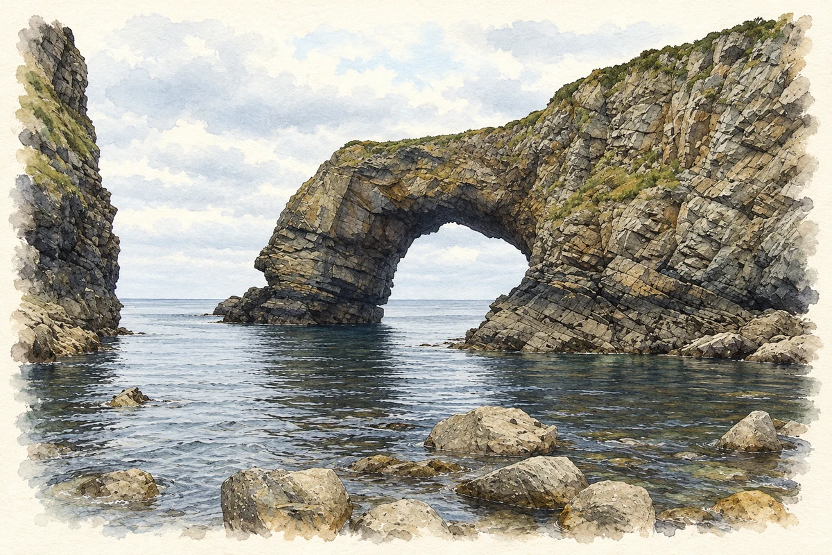 Watercolour and fine ink illustration of Pollet Great Arch near Doagh Beg.