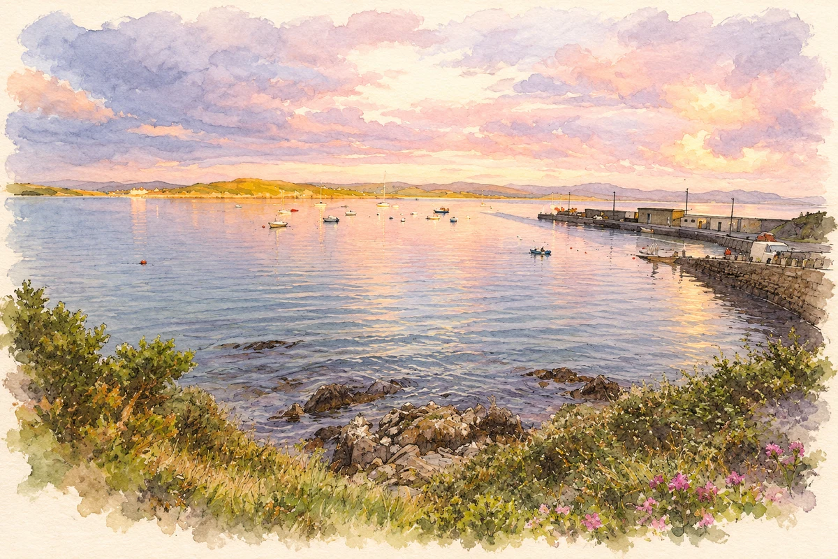 Watercolour and fine ink illustration of Downings Harbour, Downies, as photographed in 2006.