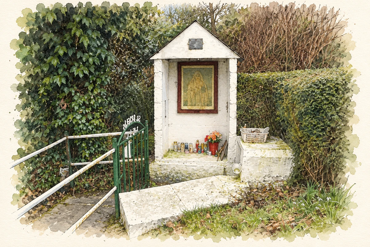 Watercolour and fine ink illustration of St Bridget's Well shrine, Drumkeen, County Donegal.