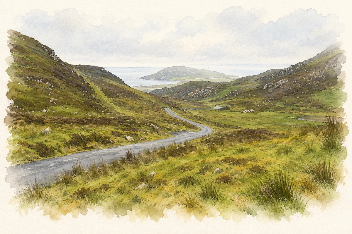 Watercolour and fine ink illustration of Dunaff Head seen from the Mamore Gap.