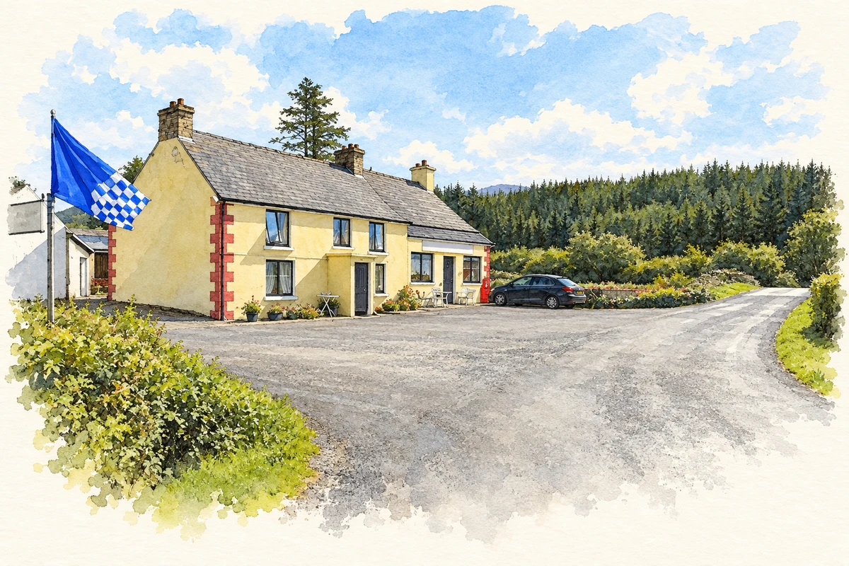 Watercolour and fine ink illustration of The Glen Tavern near Greenans, as photographed in 2010.