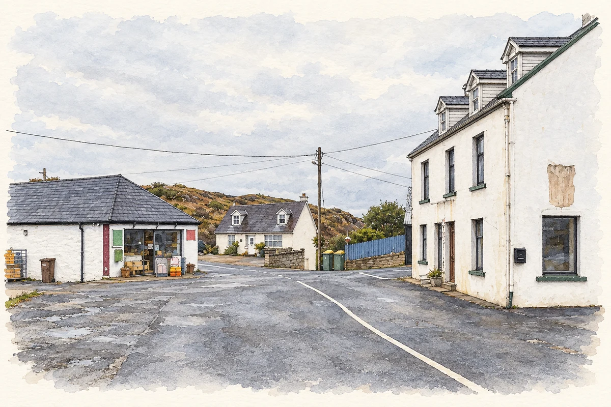 Watercolour and fine ink illustration of The Cope shop and village junction at Kincasslagh, as photographed in 2022.