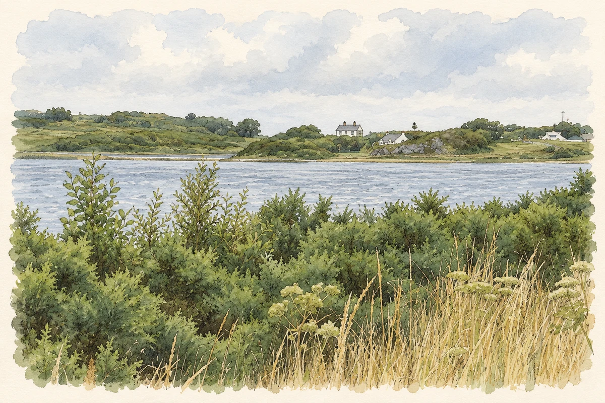 Watercolour and fine ink illustration of The south-east shore of Kindrum Lough, as photographed in 2013.